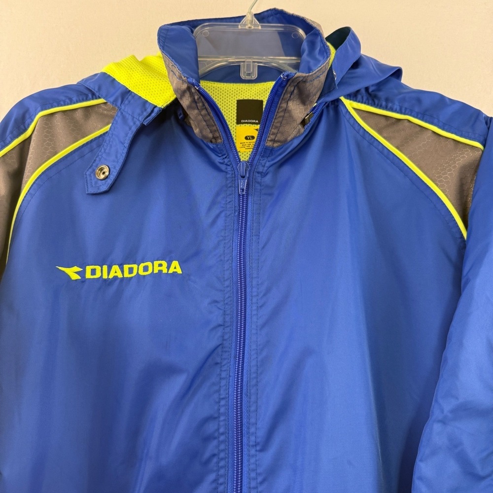 Diadora Windbreaker Jacket Kids Youth Large Blue Grey Neon Yellow Zip Hooded